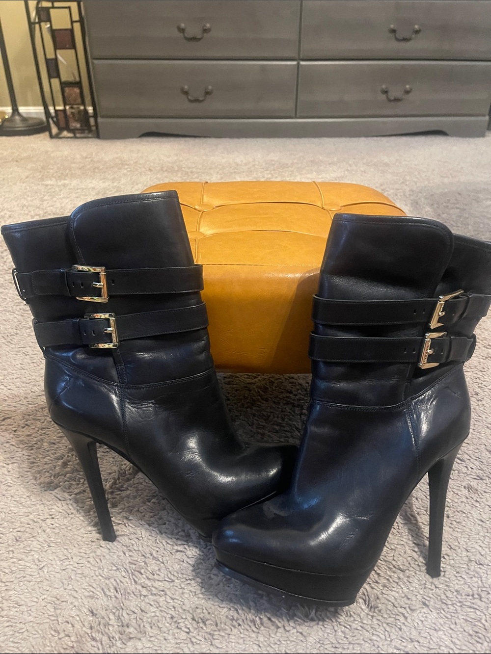 Michael Kors Women's Black Leather High-Heel Ankle Boots with Buckle Straps
